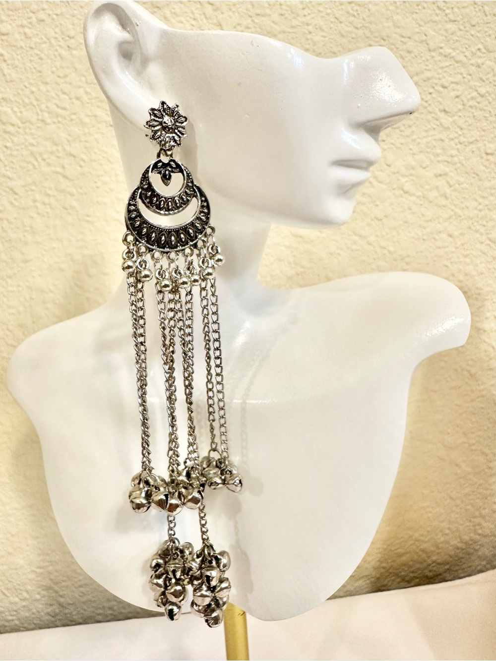 Silver Floral Drop Earrings with Chain Fringe (India Inspired)